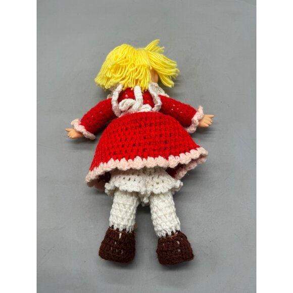 Vintage Handmade Crochet Doll With Yellow Yarn Hair & Red Dress Apron 14" READ - Picture 7 of 9